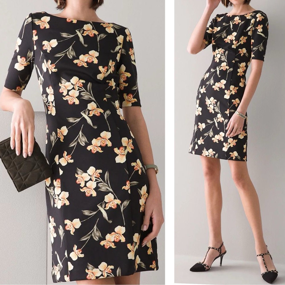 WHBM Black Anthurium Tossed Floral‎ Elbow Sleeve Scuba Sheath Dress Size 6